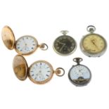 A group of four pocket watches and a stopwatch.