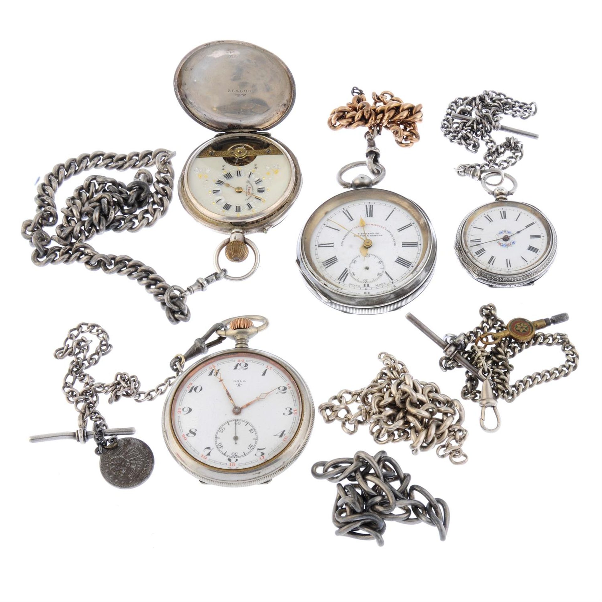 A group of four pocket watches.
