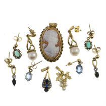 Four pairs of gem earrings & three pendants