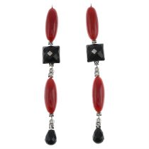 Coral, onyx & diamond earrings