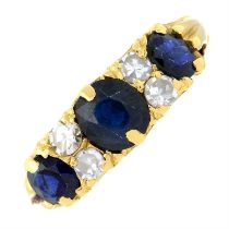 Sapphire three-stone ring, with diamond spacers