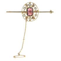 Early 20th 9ct gold tourmaline & pearl brooch