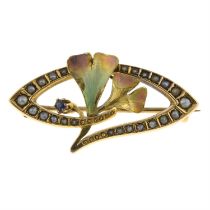 Early 20th gold enamel, pearl & sapphire brooch