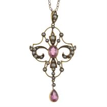 Edwardian tourmaline & split pearl pendant & chain