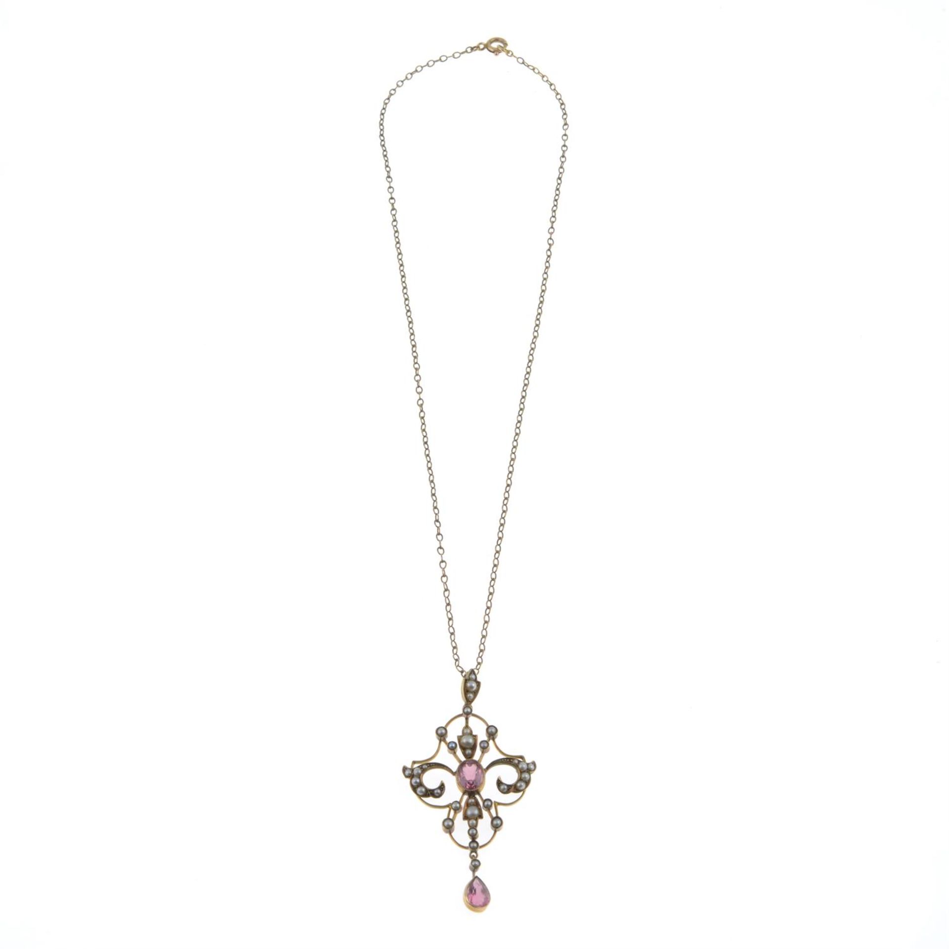 Edwardian tourmaline & split pearl pendant & chain - Image 2 of 2