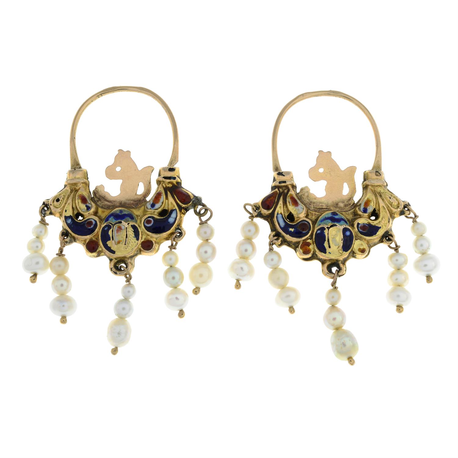 19th century gold enamel and cultured pearl earrings - Image 3 of 3