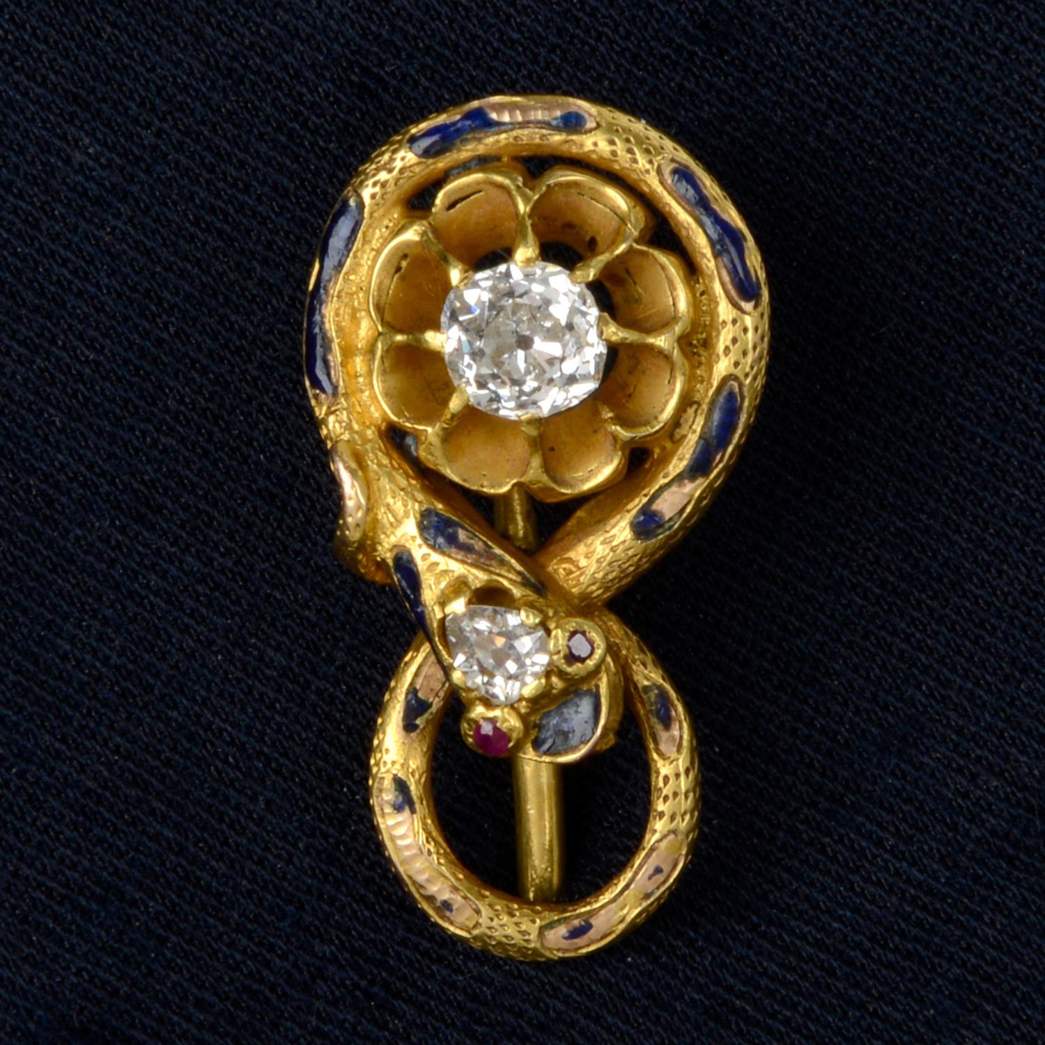 19th century gold diamond and enamel snake stickpin