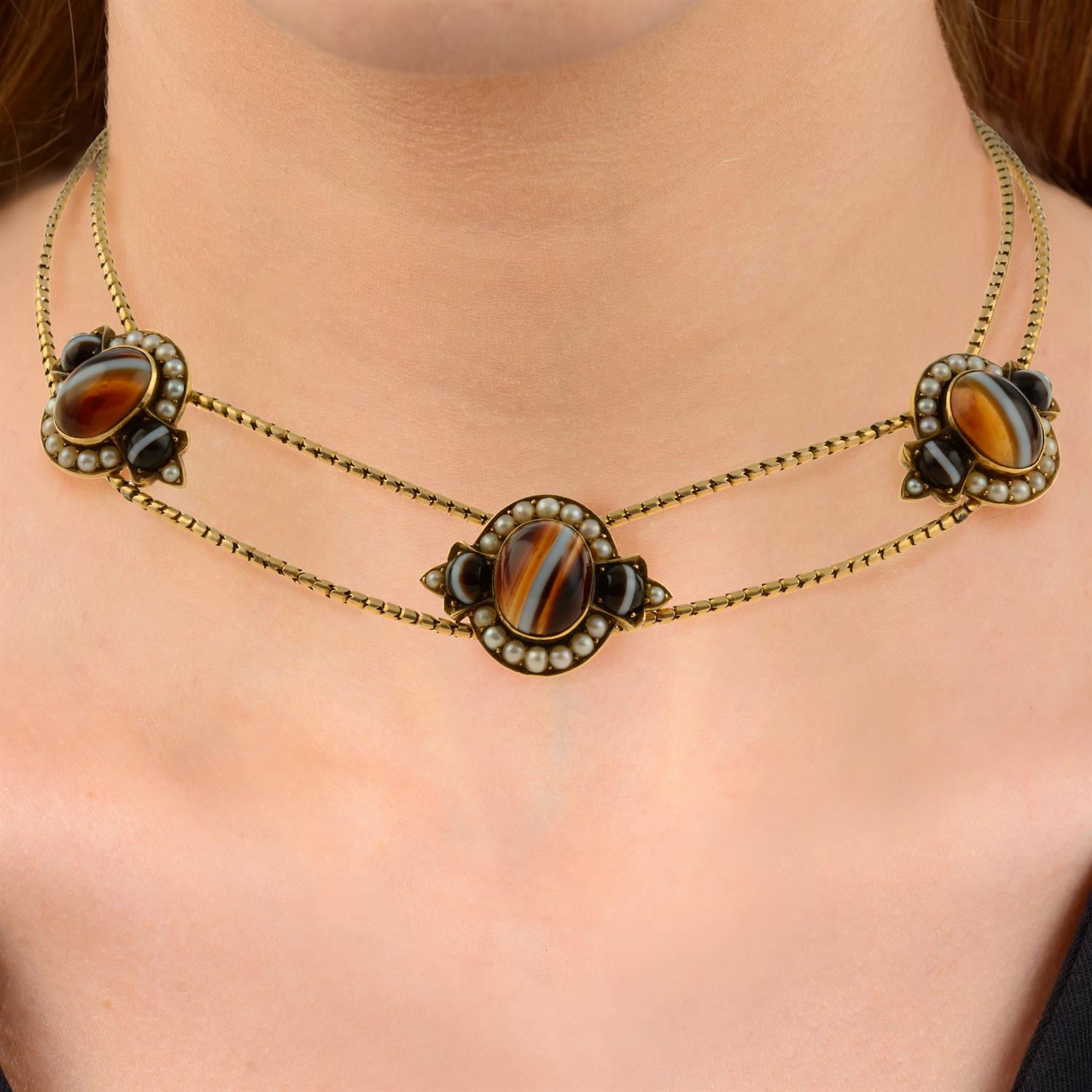 Victorian gold agate and split pearl necklace