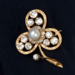 Victorian 12ct gold pearl and diamond clover brooch