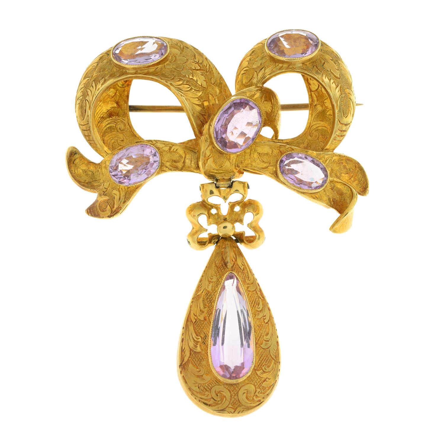Mid 19th century gold pink topaz bow brooch - Image 2 of 4