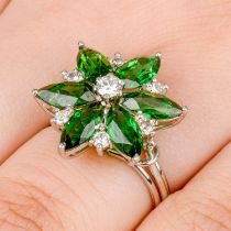 Diamond and green gem floral cluster ring
