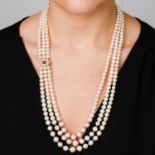 Cultured pearl and ruby three-row necklace