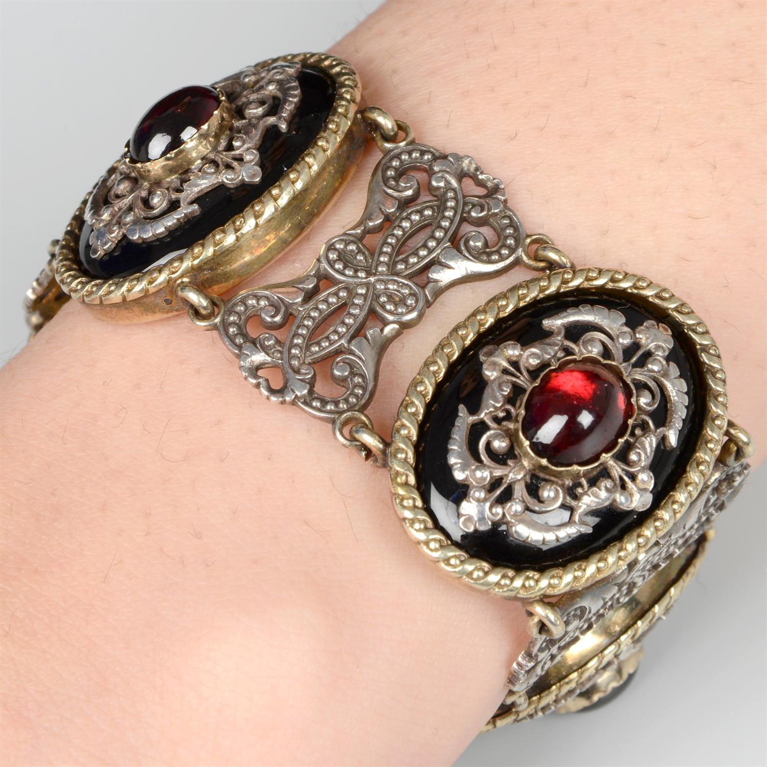 Silver and gold, garnet and enamel bracelet, J. Wiese