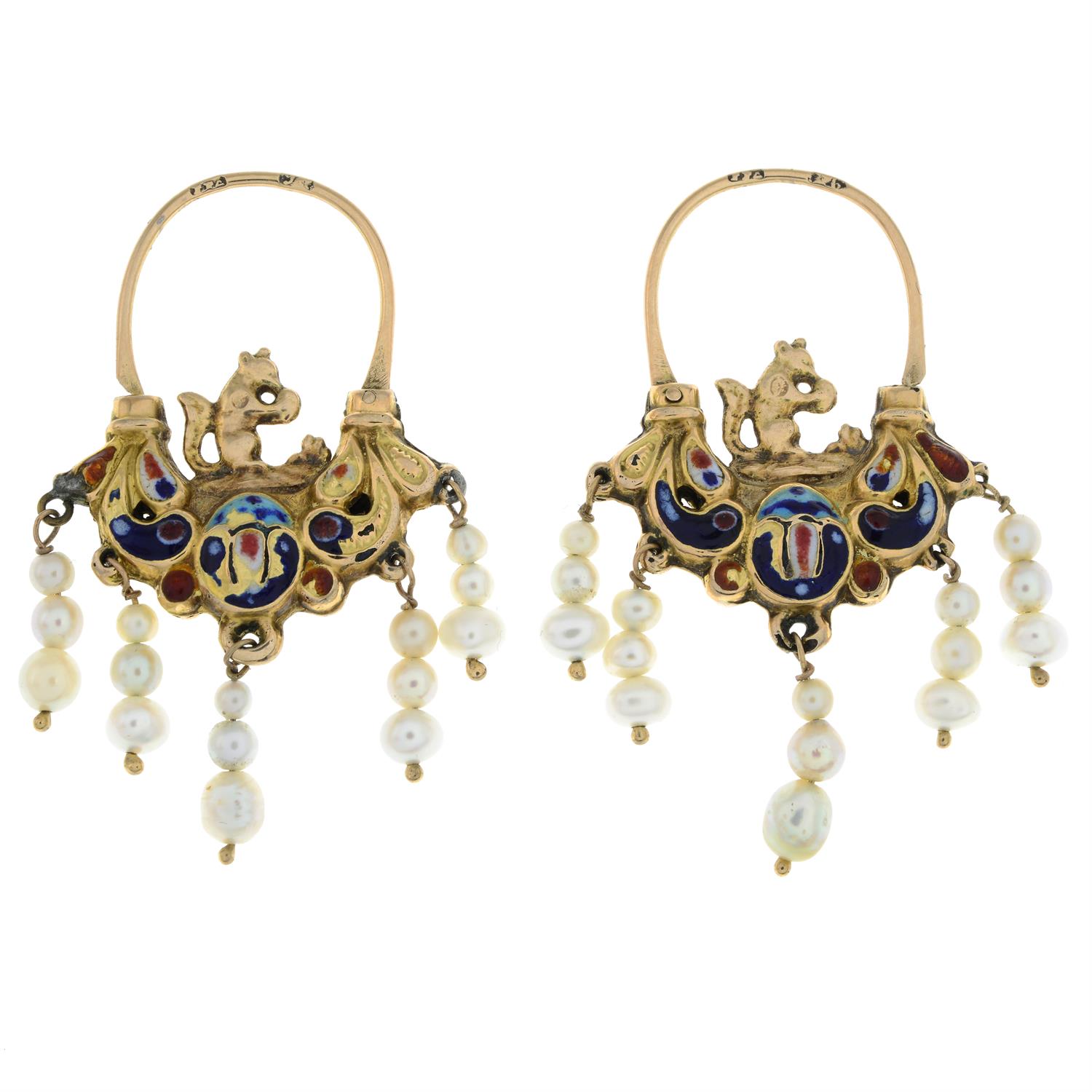 19th century gold enamel and cultured pearl earrings - Image 2 of 3