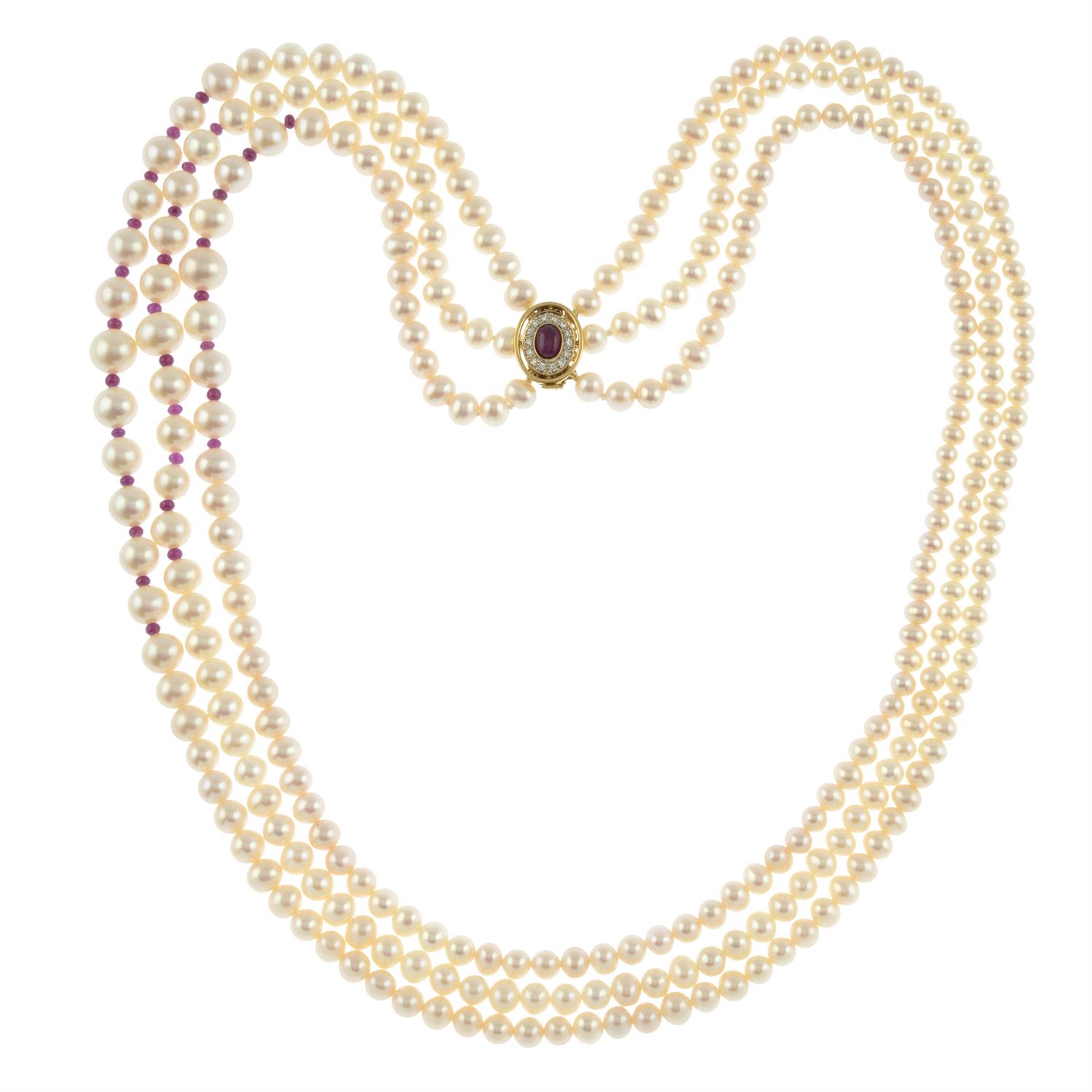 Cultured pearl and ruby three-row necklace - Bild 2 aus 6