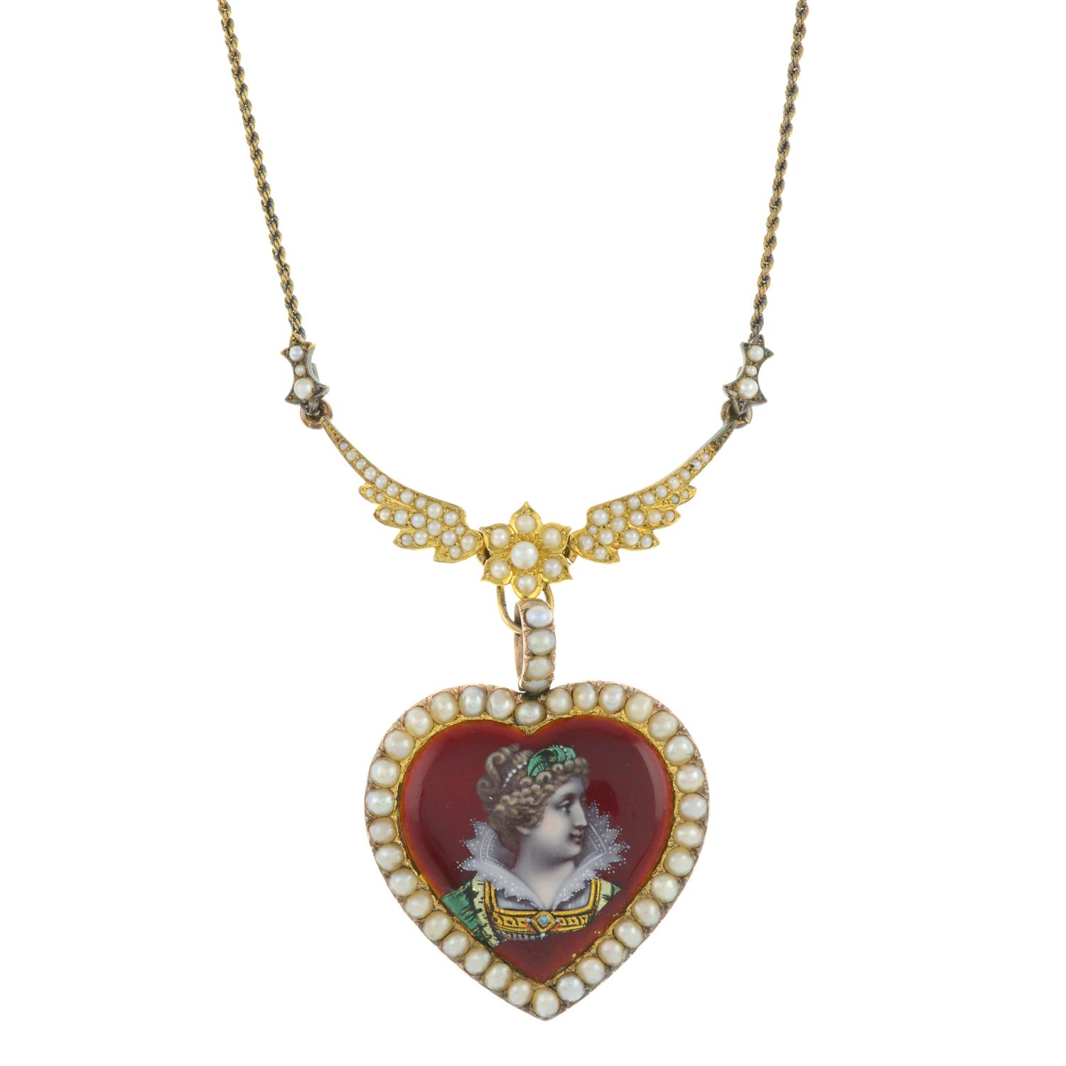 Late 19th century gold enamel heart and wings necklace - Image 2 of 5