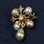 19th century gold diamond, pearl and enamel brooch