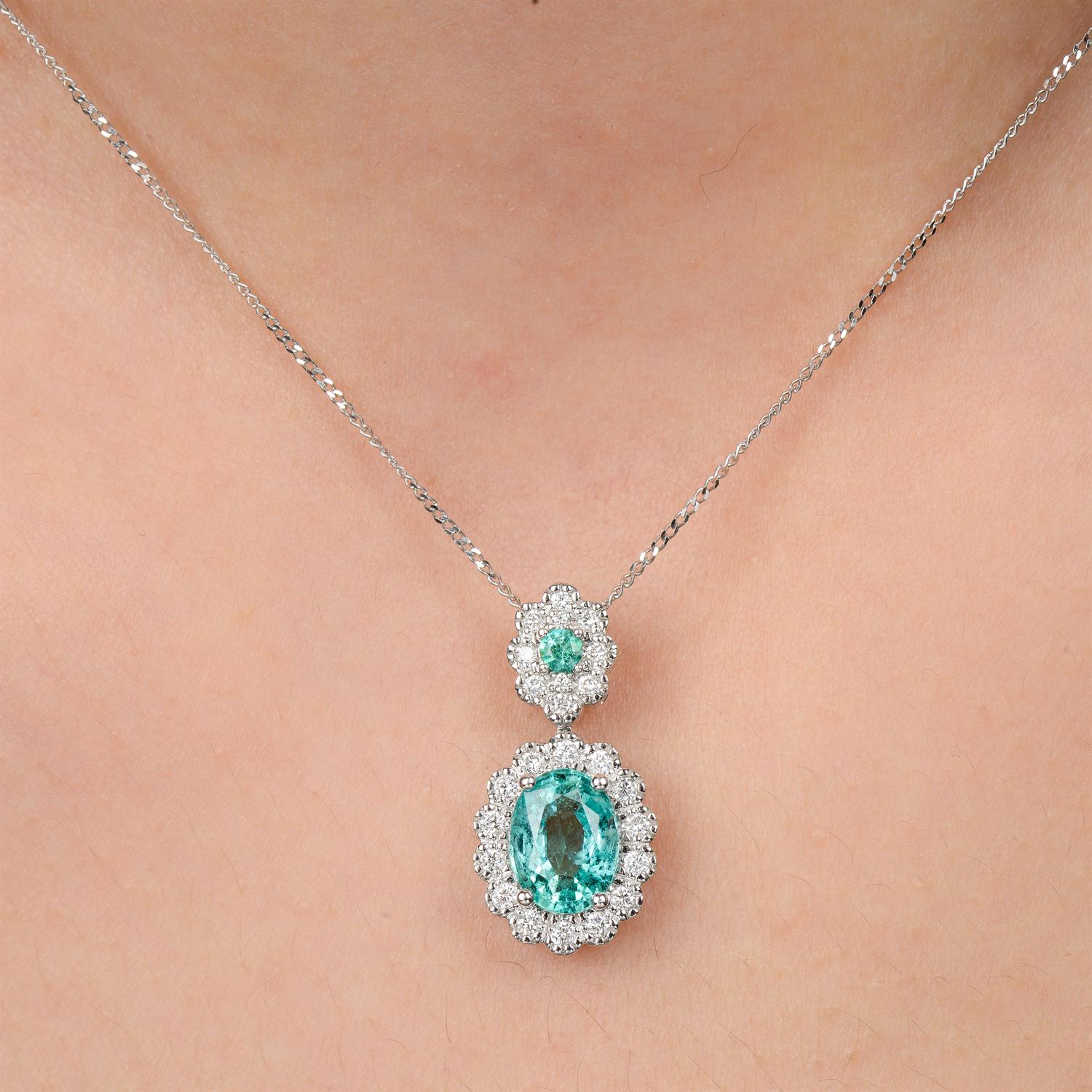 18ct gold emerald and diamond pendant, with chain