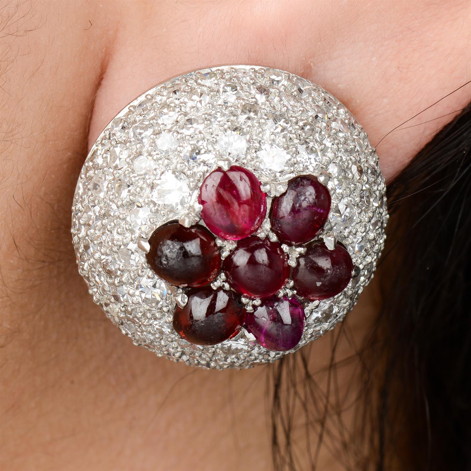 Platinum diamond, ruby and garnet earrings