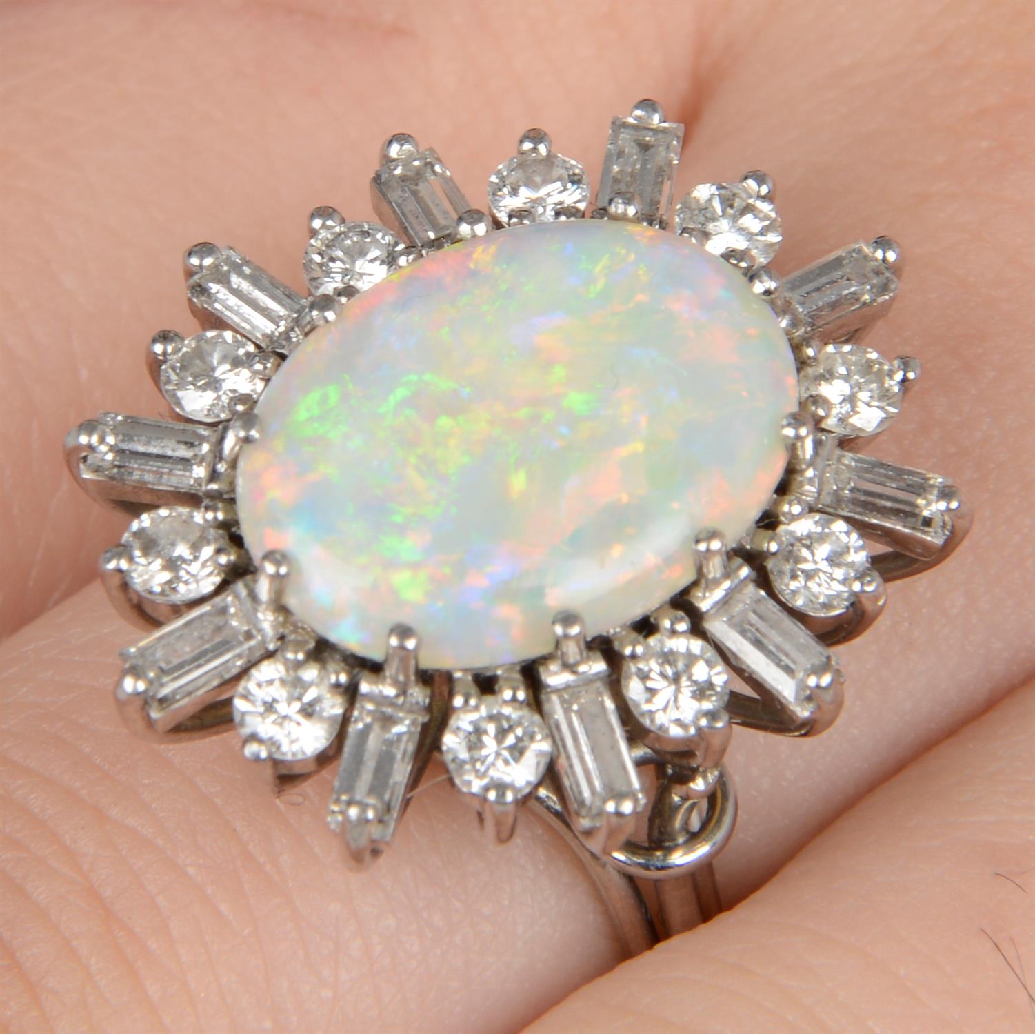 Mid 20th century gold opal and diamond cluster ring