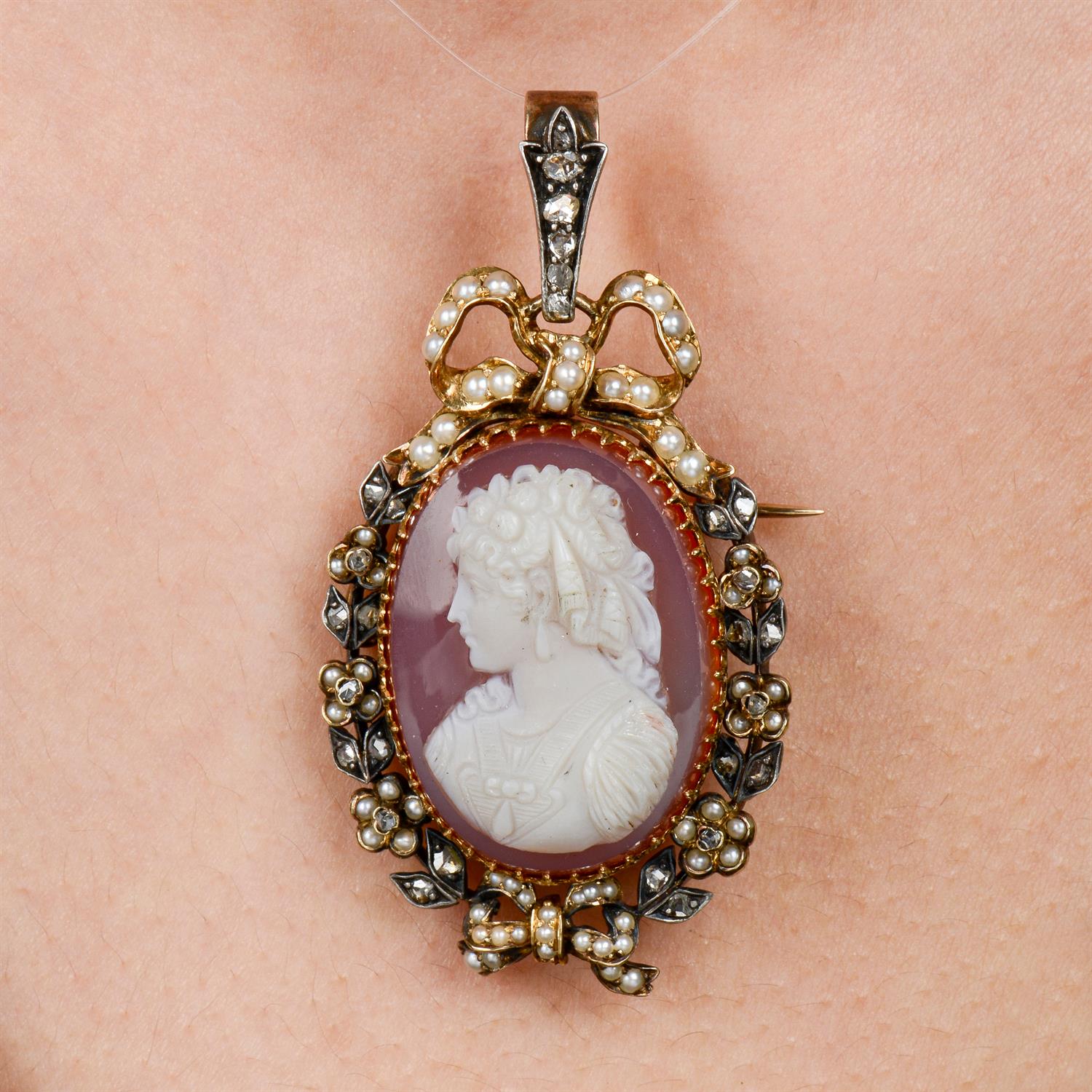 19th century agate cameo, diamond and split pearl locket