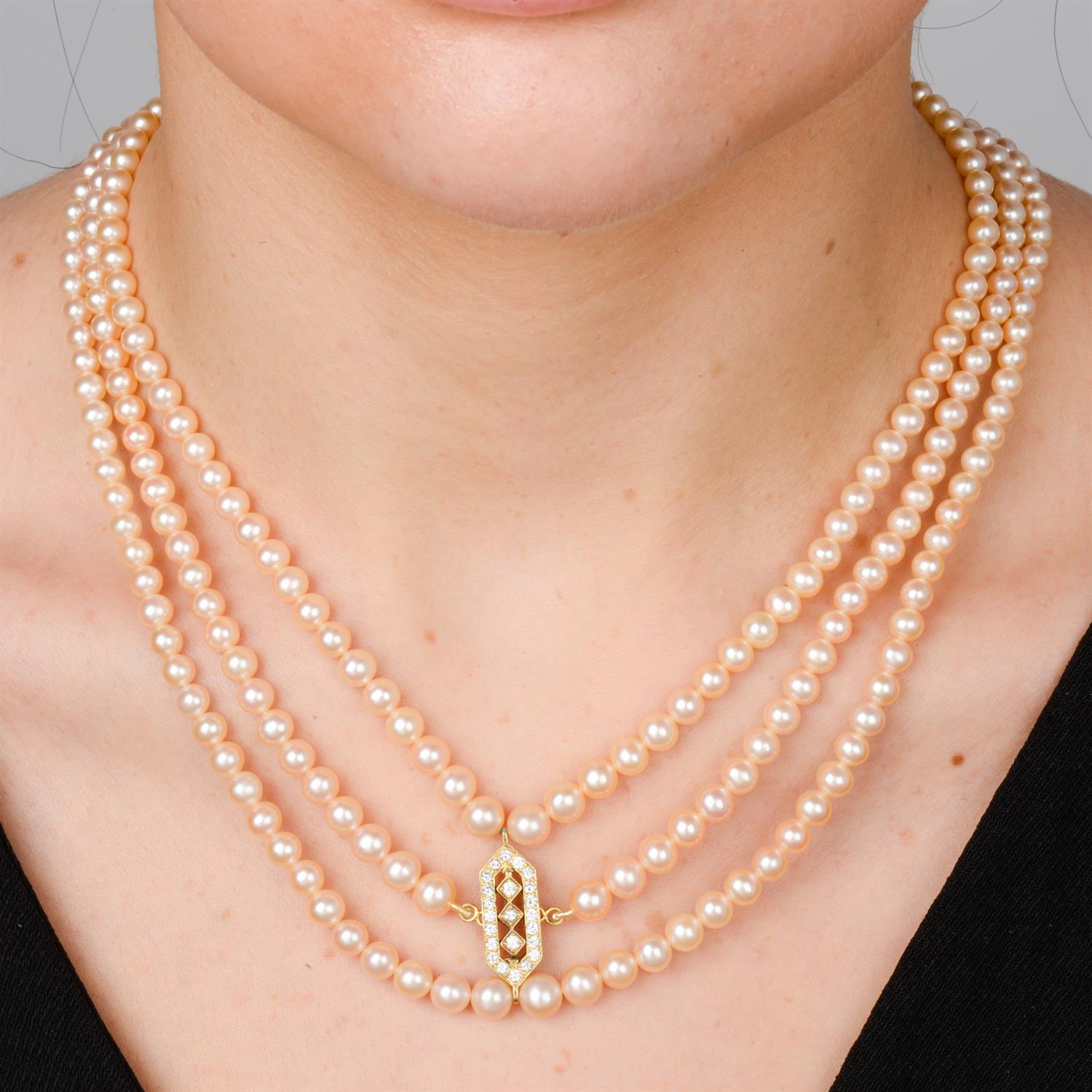 Graduated cultured pearl three-row necklace