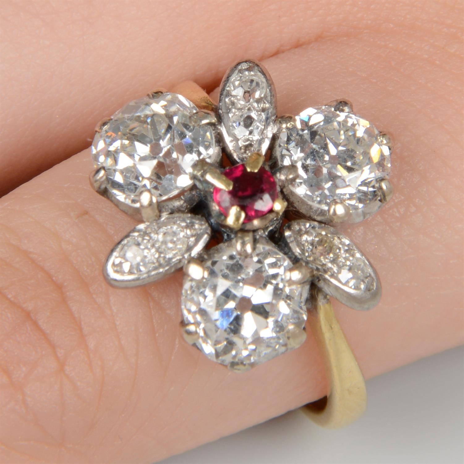 Diamond and spinel floral cluster ring
