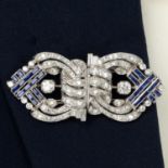 Mid 20th century sapphire and diamond double clip brooch