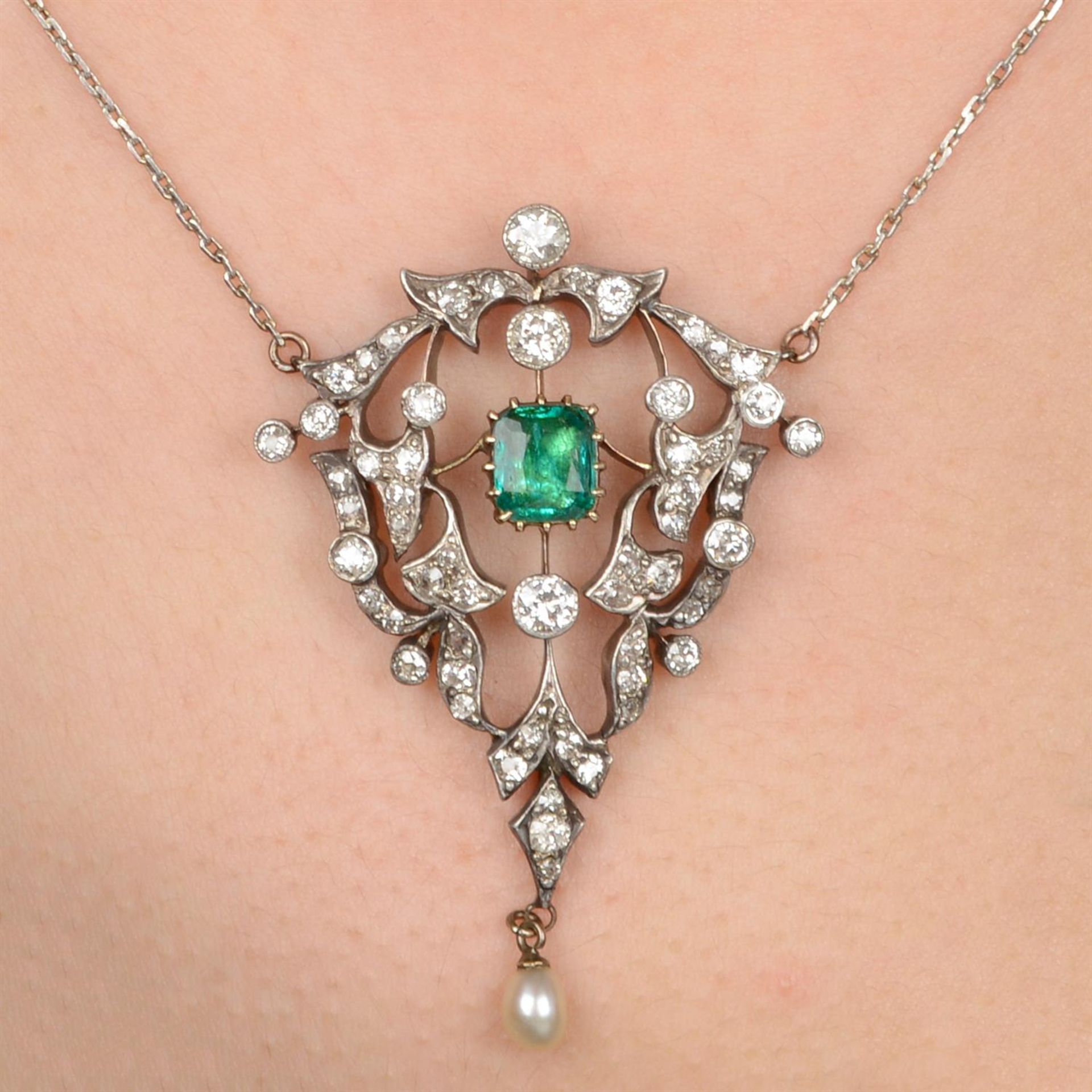 19th century emerald, diamond and pearl necklace