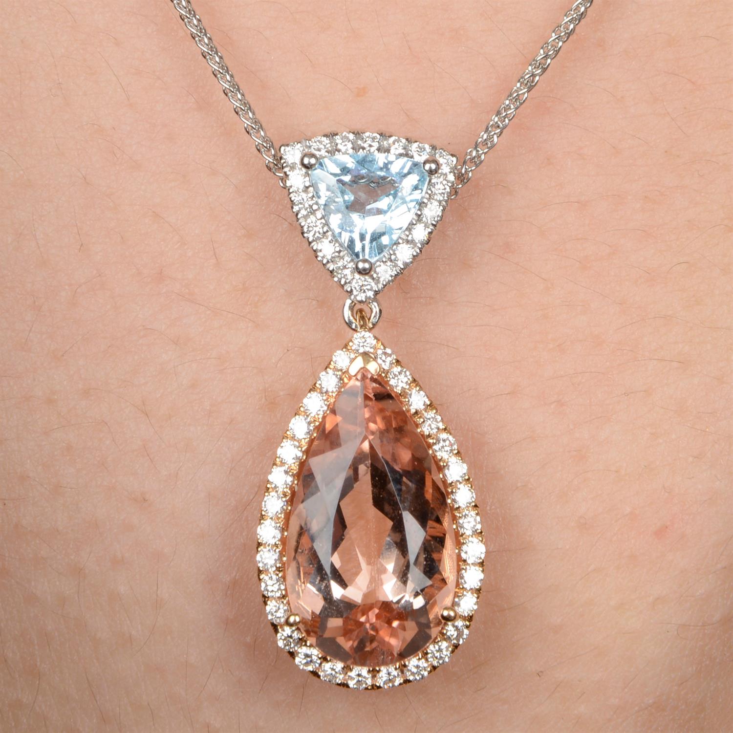 18ct gold morganite, aquamarine and diamond pendant
