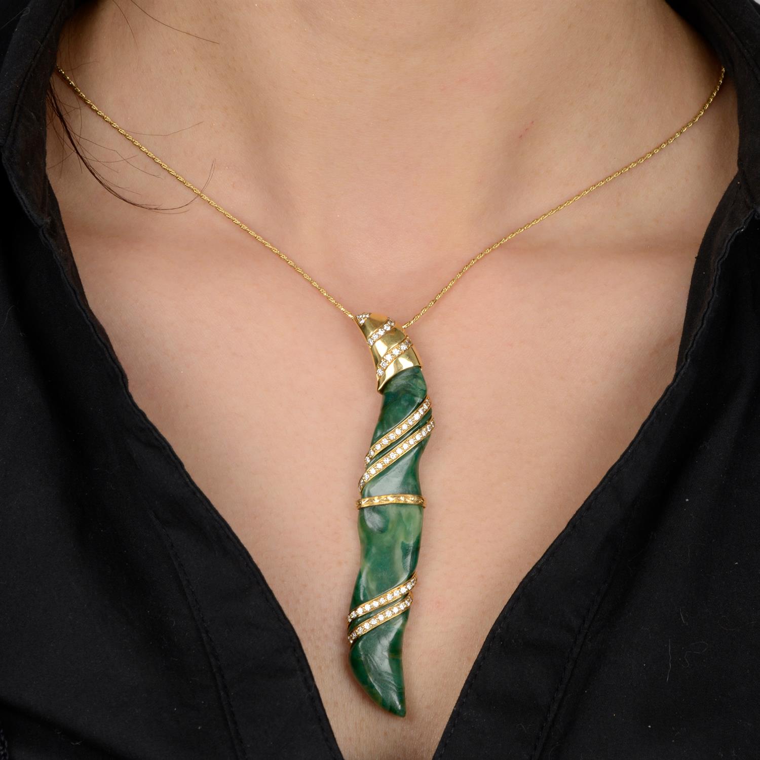 18ct gold diamond and green stone pendant, with chain