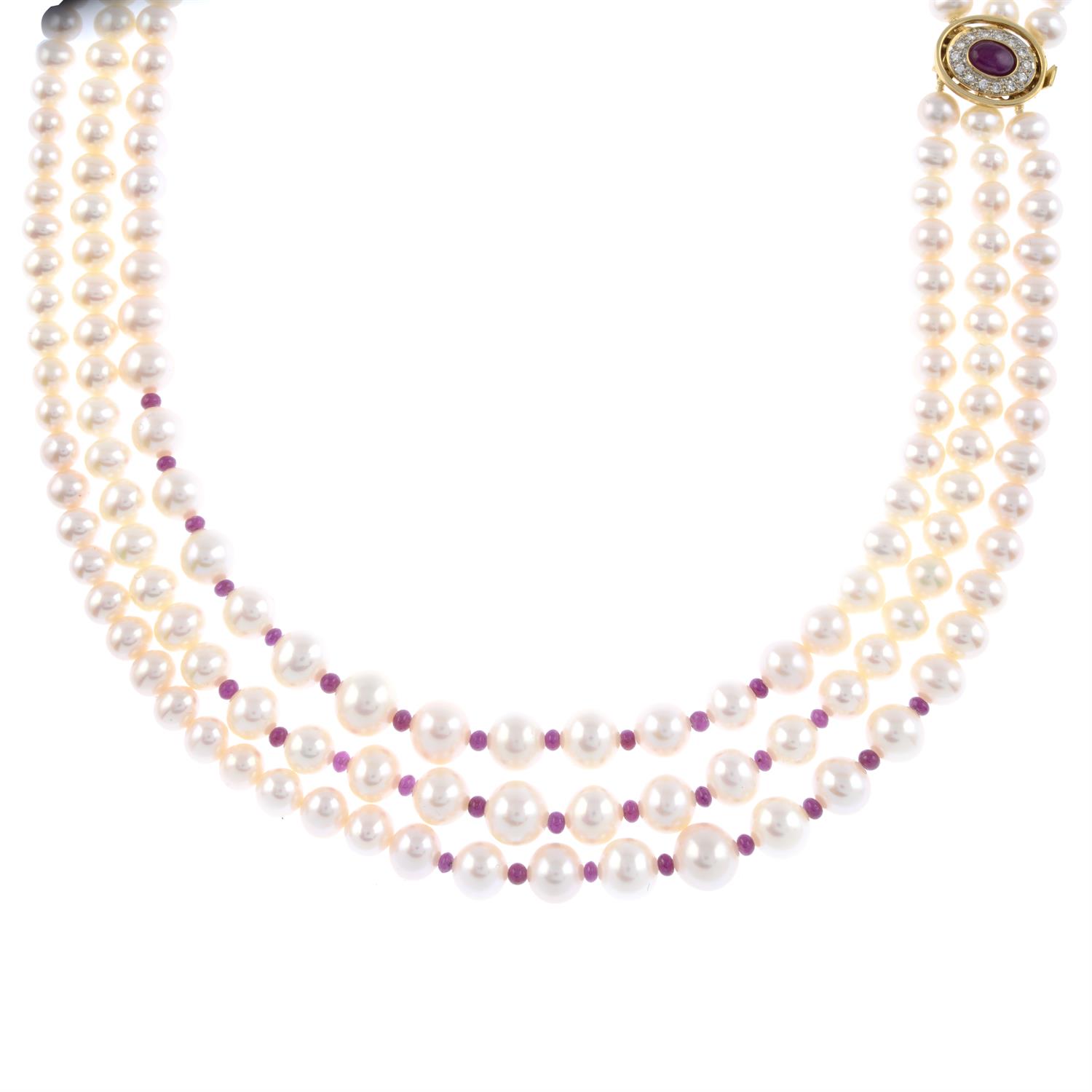 Cultured pearl and ruby three-row necklace - Bild 3 aus 6