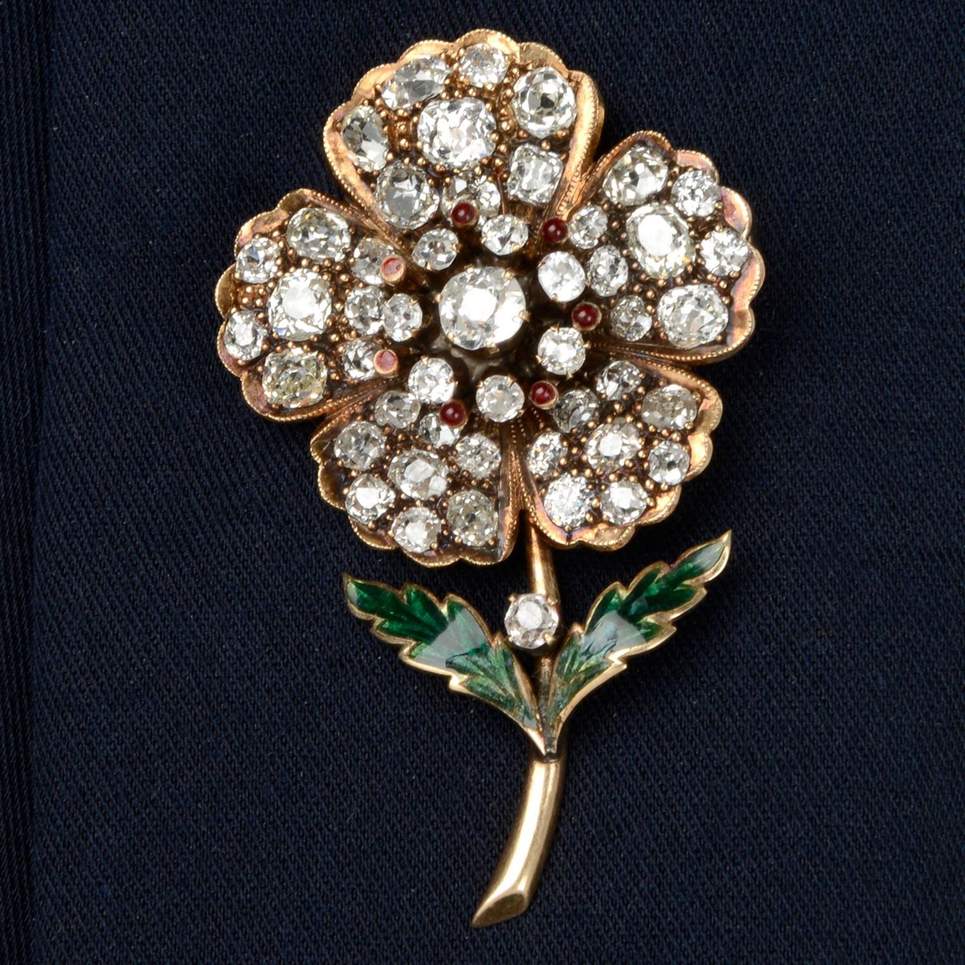 Late 19th century old-cut diamond and enamel floral brooch