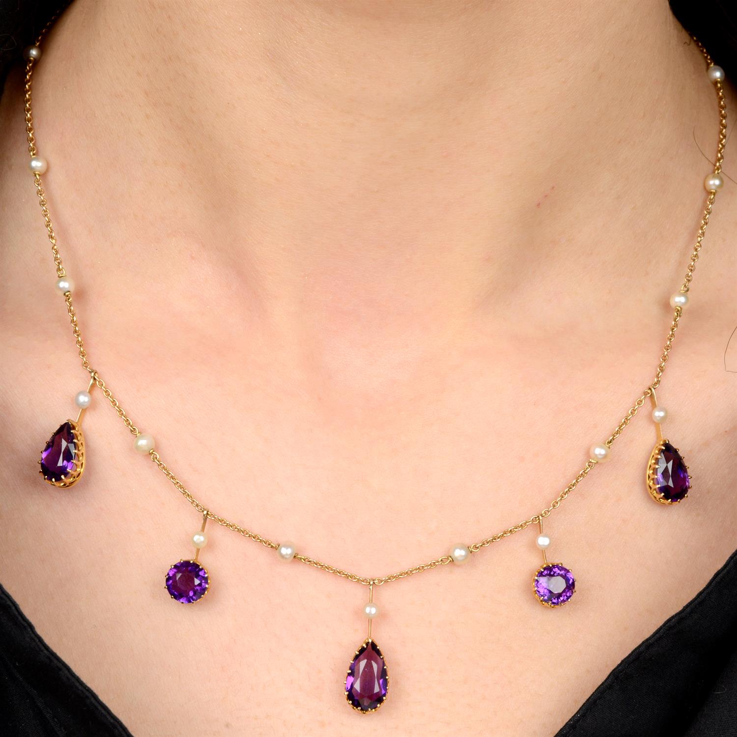 Early 20th century 15ct gold amethyst and pearl necklace