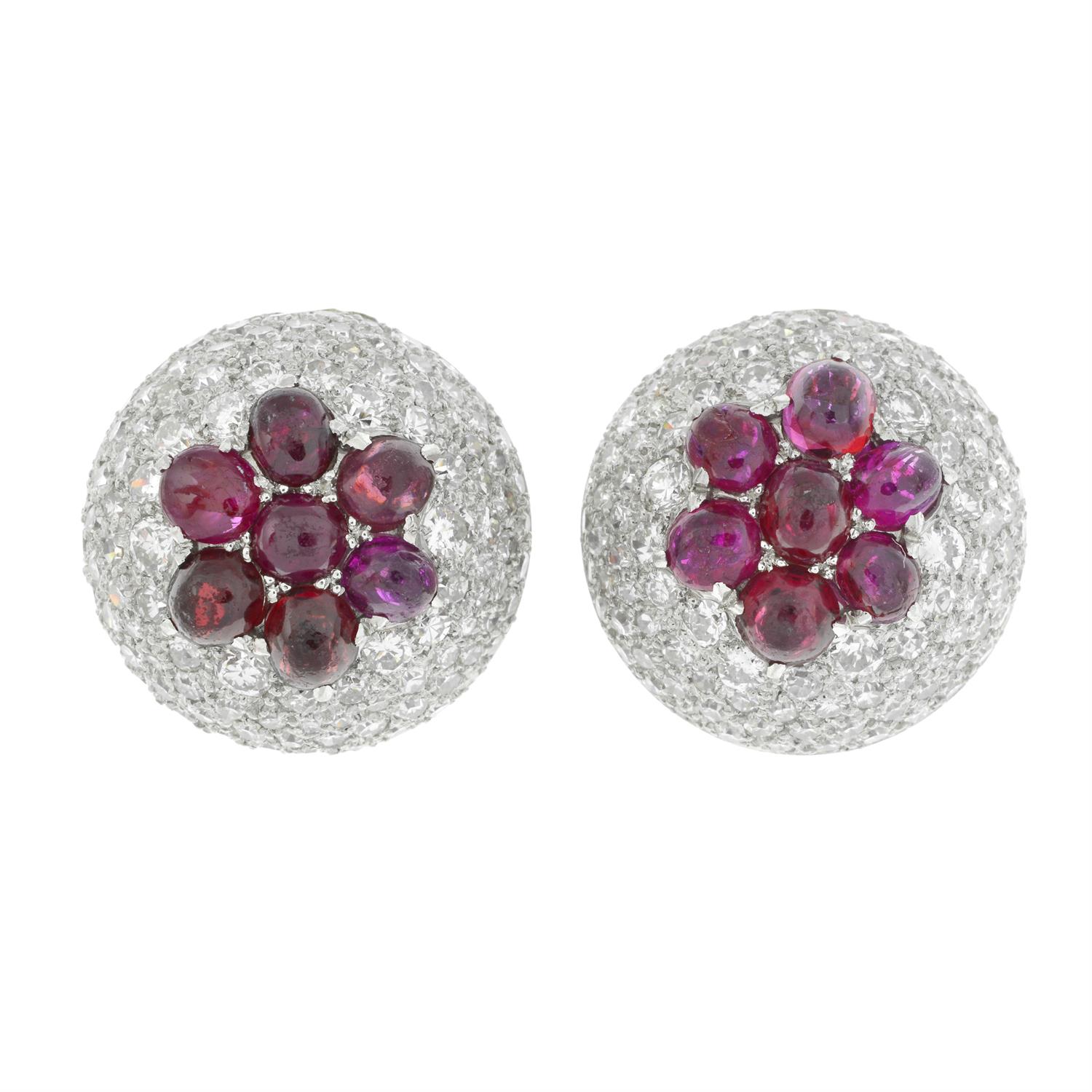 Platinum diamond, ruby and garnet earrings - Image 2 of 4