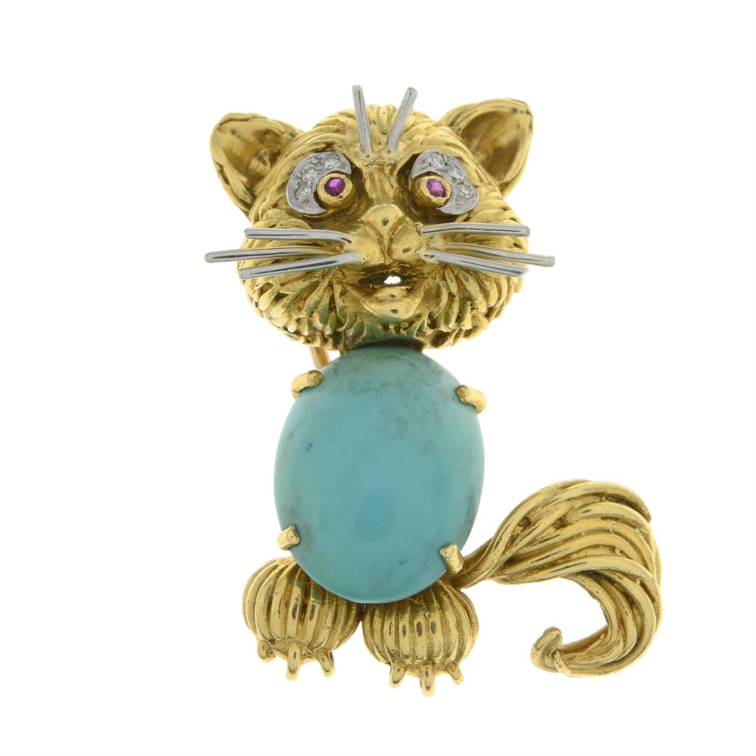 18ct gold turquoise cat brooch, by Ben Rosenfeld - Image 2 of 4