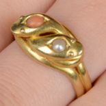 Victorian 18ct gold coral and split pearl snake ring