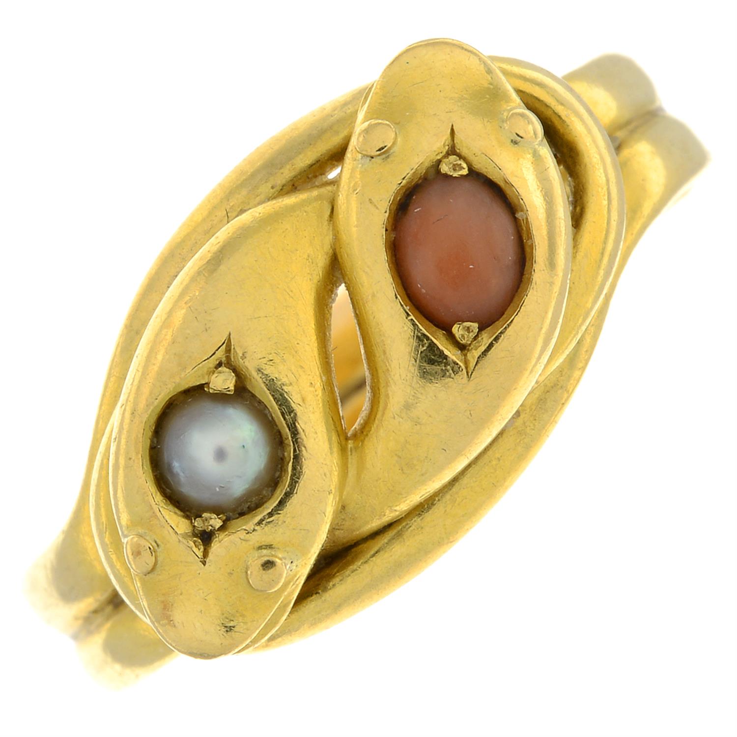 Victorian 18ct gold coral and split pearl snake ring - Bild 2 aus 5