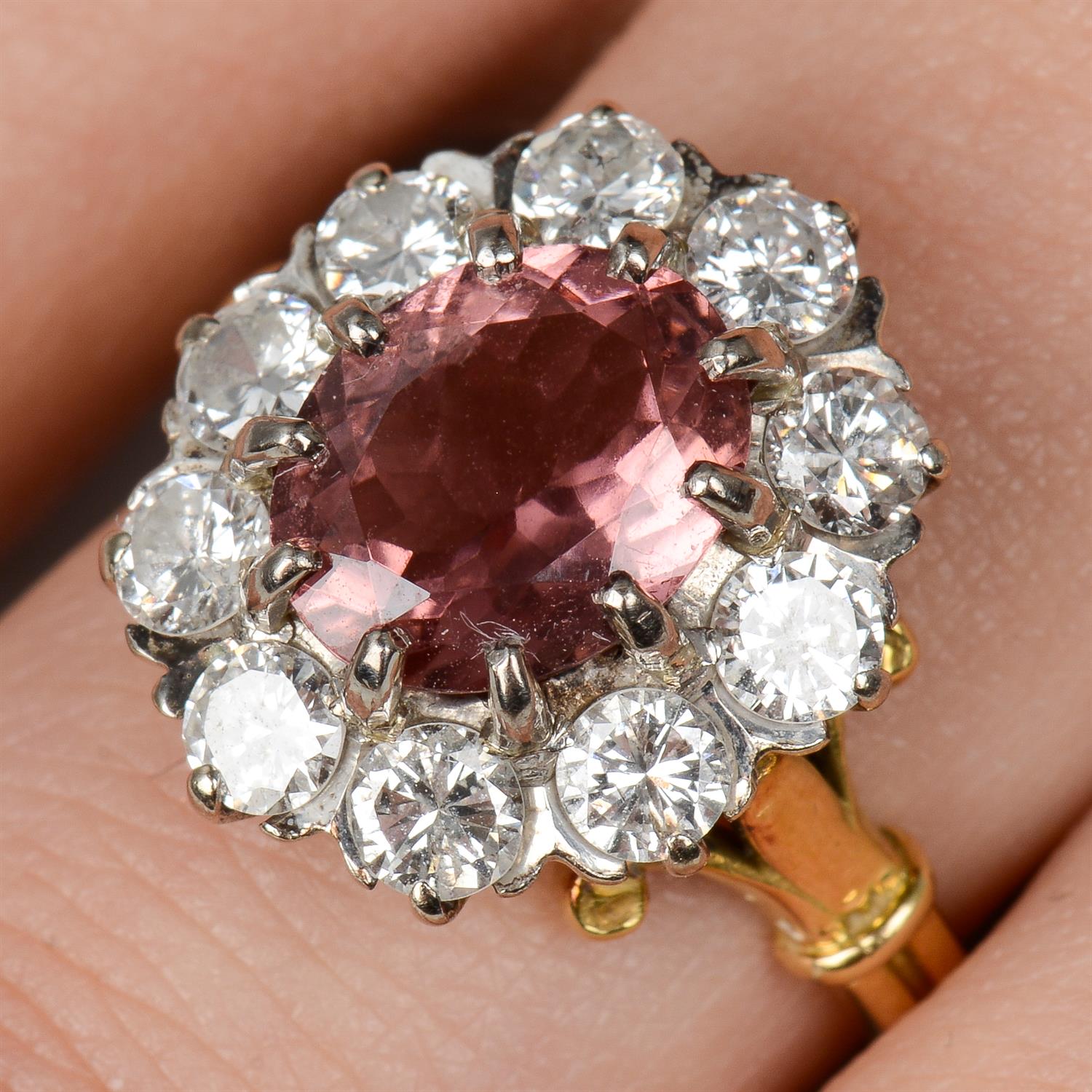 Pink tourmaline and diamond cluster ring