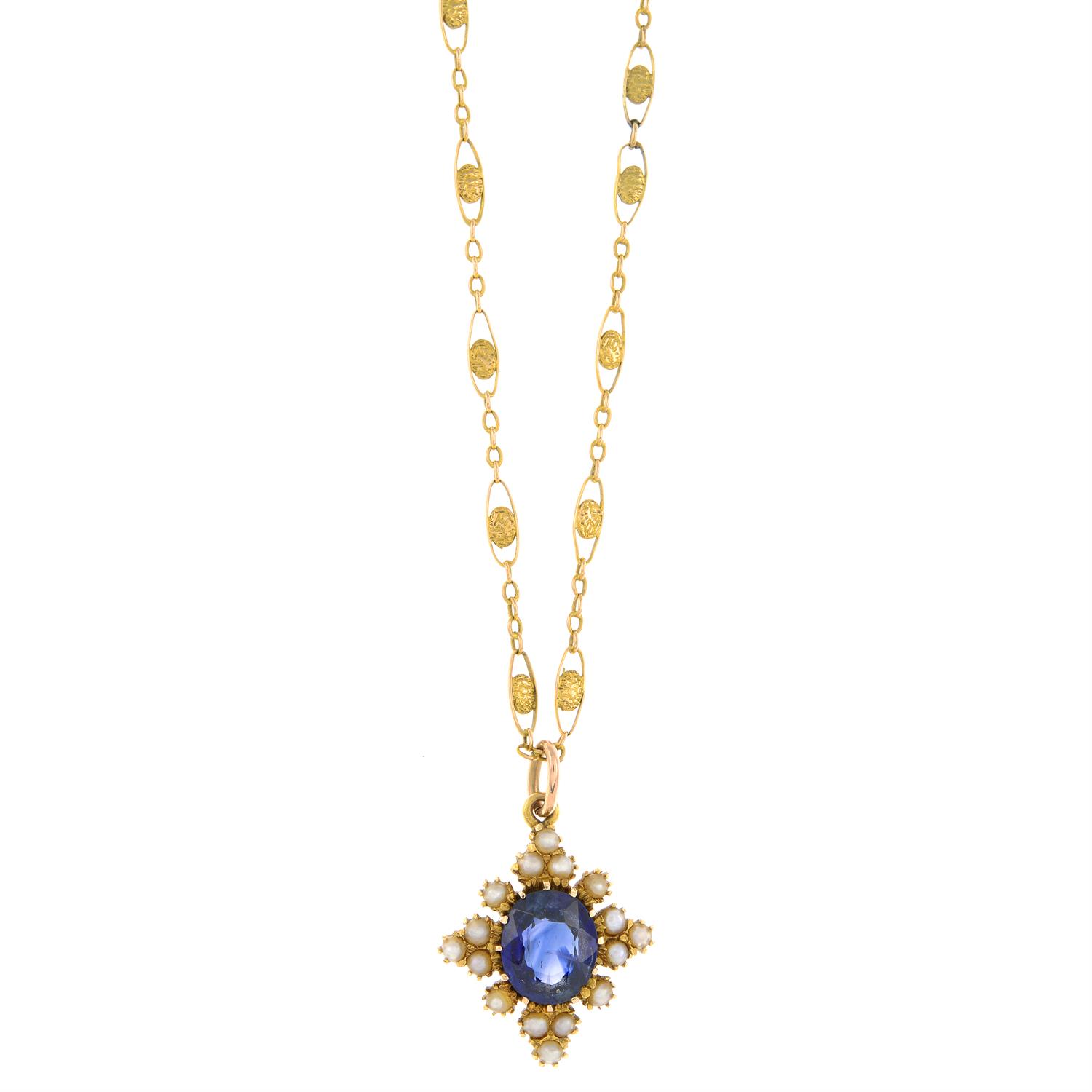 15ct gold sapphire and split pearl pendant and chain - Image 2 of 6