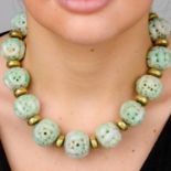 Jade bead necklace, with enamel spacers