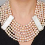 Cultured pearl necklace, with carved spacers