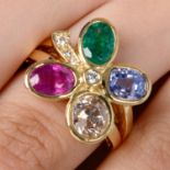 Diamond and gem four-leaf clover ring