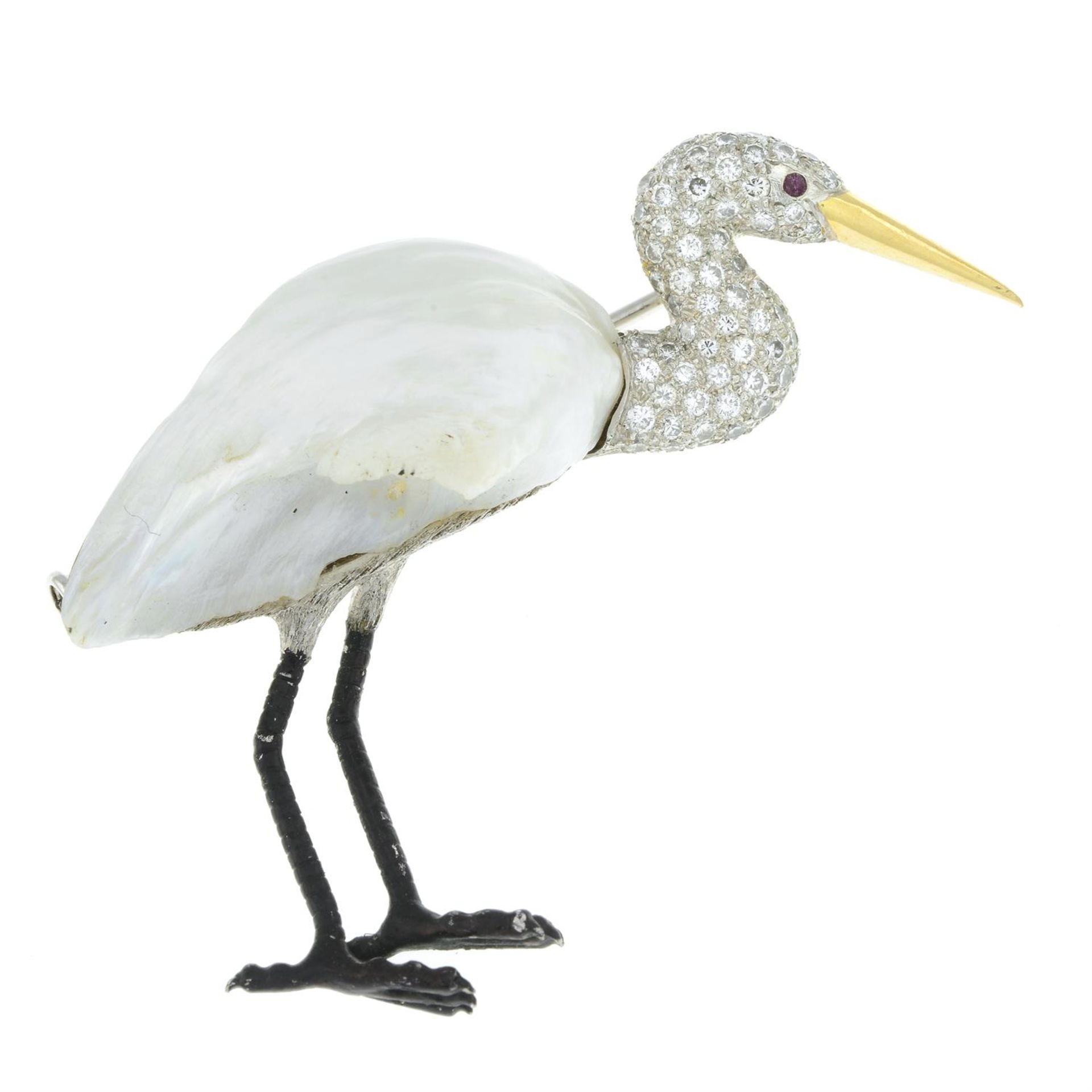 Pearl and diamond heron brooch, by E Wolfe & Co. - Image 2 of 4