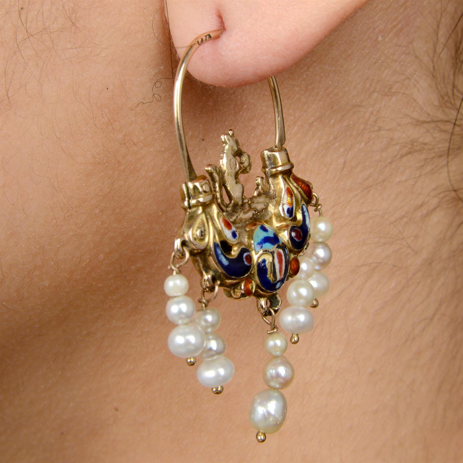 19th century gold enamel and cultured pearl earrings