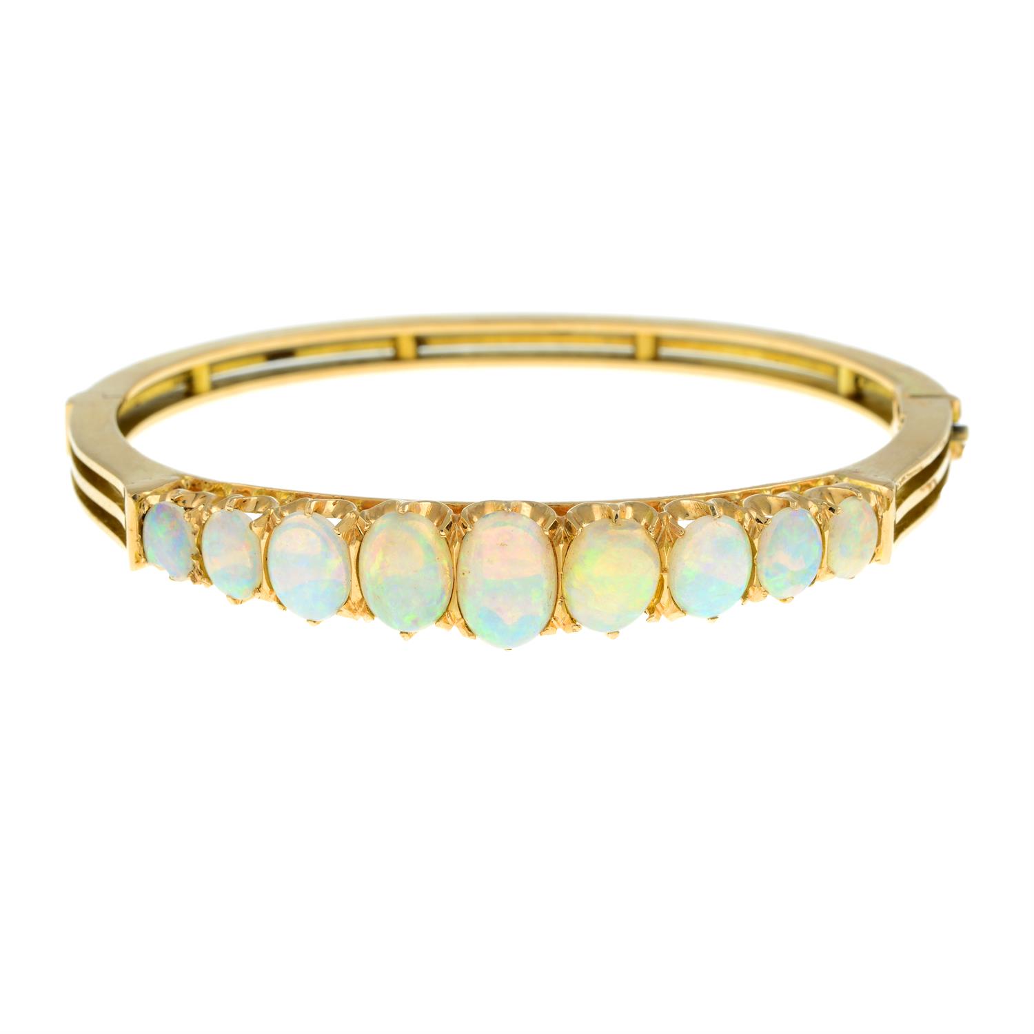 Late 19th century 15ct gold opal hinged bangle - Image 2 of 3