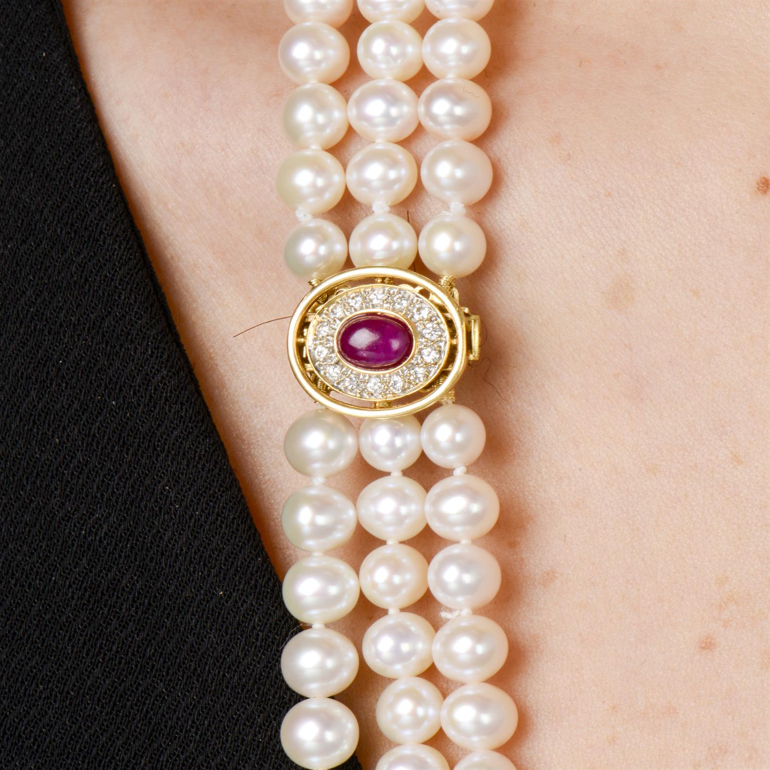 Cultured pearl and ruby three-row necklace - Bild 6 aus 6