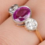 Pink sapphire and diamond three-stone ring