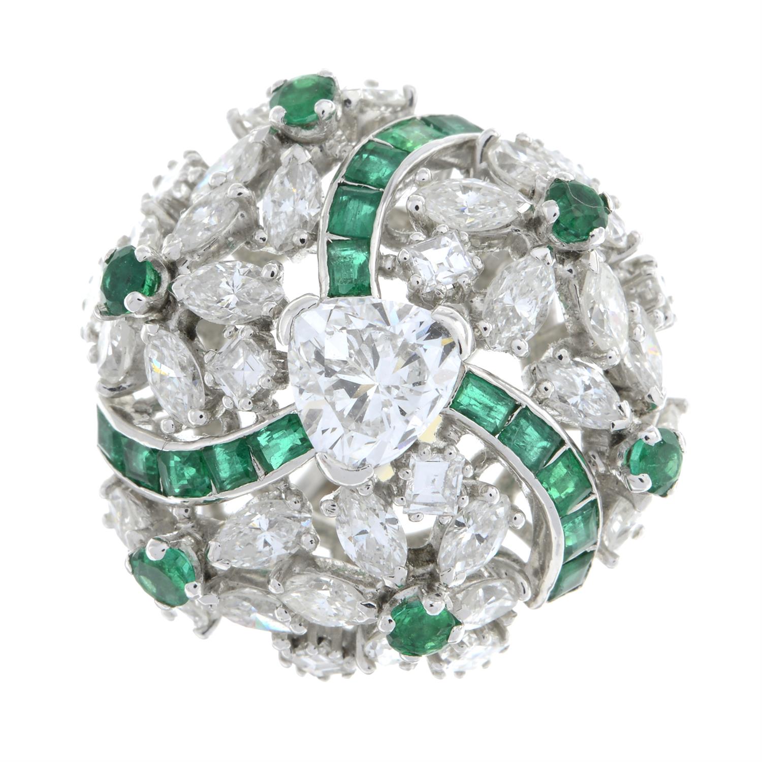 Mid 20th century platinum diamond and emerald floral ring - Image 2 of 6