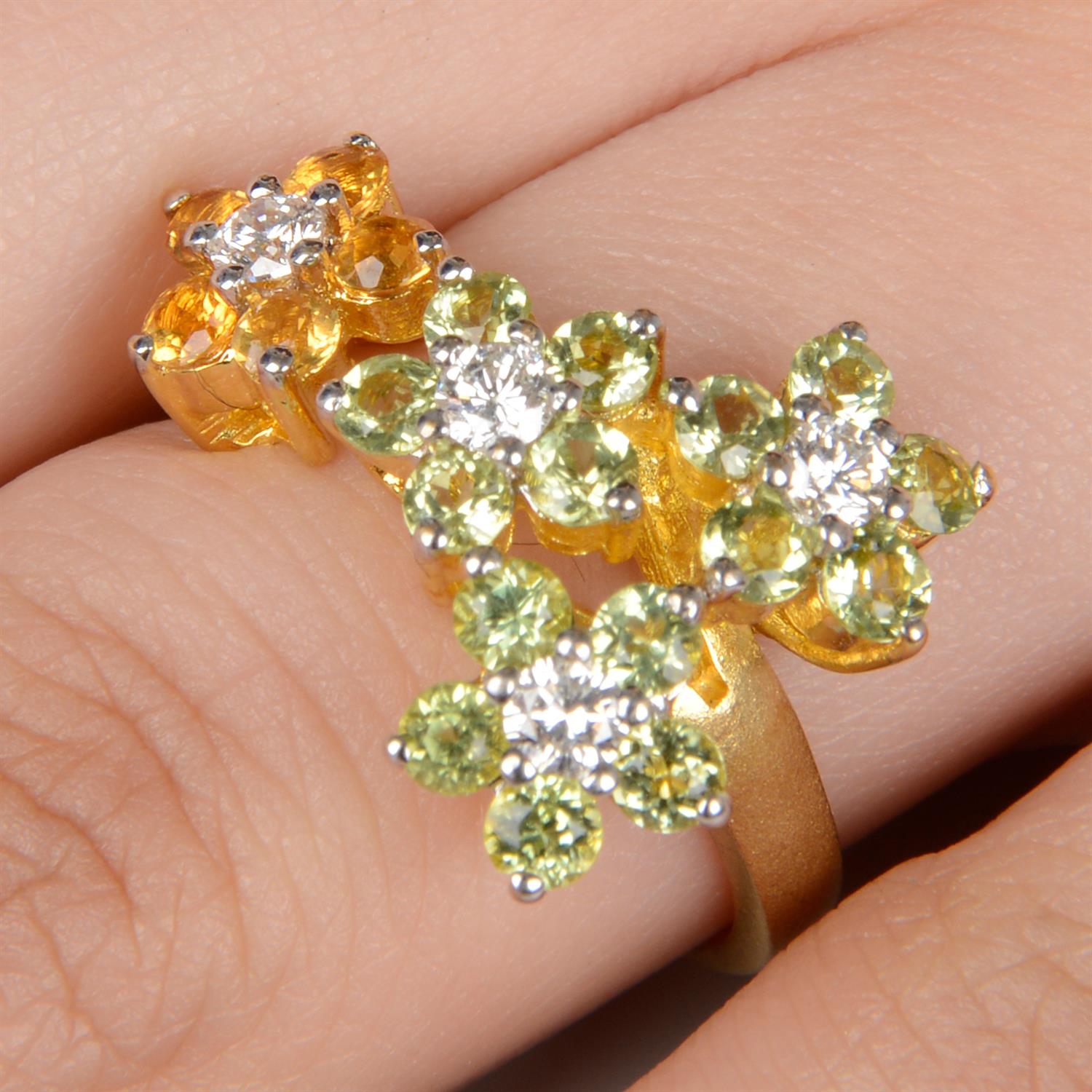 Diamond, peridot and citrine floral ring